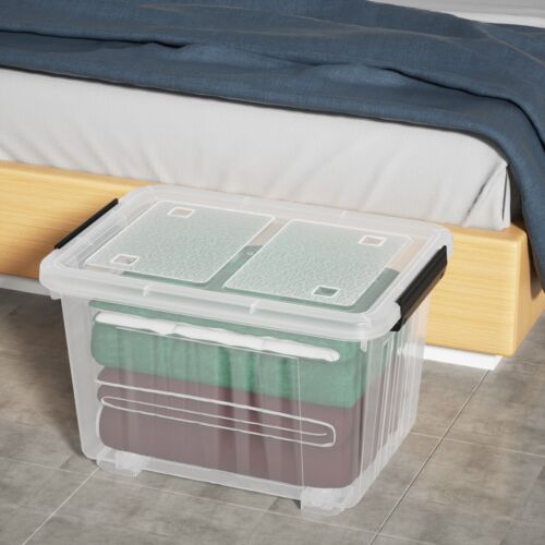 50 Qt Clear Plastic Stackable Storage Bin with White Latch Lid & Wheels, 4-PACKS - Picture 9 of 12