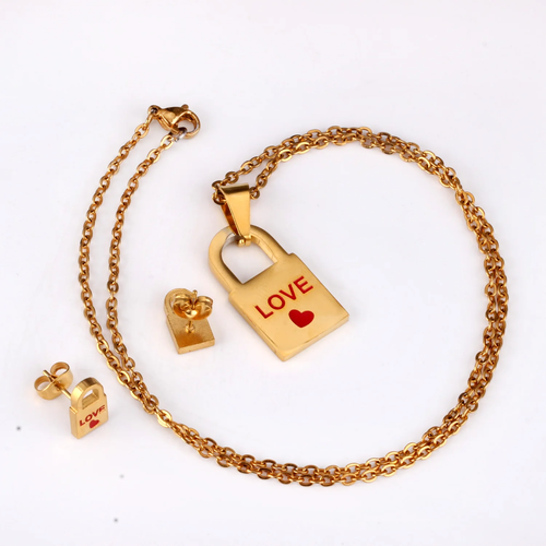 18k Gold Plated Red Love Lock Pendant Set with Lock Earrings 3 pc - Picture 4 of 5