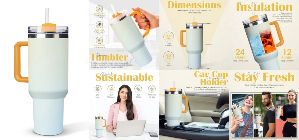 Vaso aislado térmico de 40 oz con mango y tapa mantiene las bebidas calientes 12H y frías 24H Foto 2 de 4