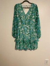 Jessica Simpson XL Dress Green Floral Long Sleeve Tiered Smocked Keyhole Back