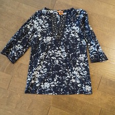 Tory Burch Tunic Black White Floral Beaded Women's Size 10 Cotton Top