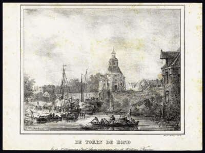 Antiker Druck-UTRECHT-TURM-HOND-HUND-WILLEMSKAZERNE Hardenbergh-Houtman-1830