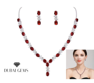 Weißgold-Finish roter Rubin und kreierter Diamant Halskette Ohrring Set kostenloser Versand