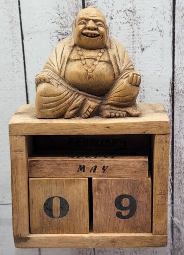 Wooden Buddha Long Earlobe Figure Interchangeable Calendar 30 Days 12 Months  - Picture 1 of 6