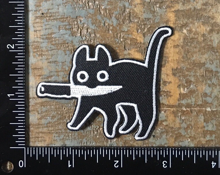 Black Cat Knife Funny Embroidered Iron-On Patch Killer Cat Design