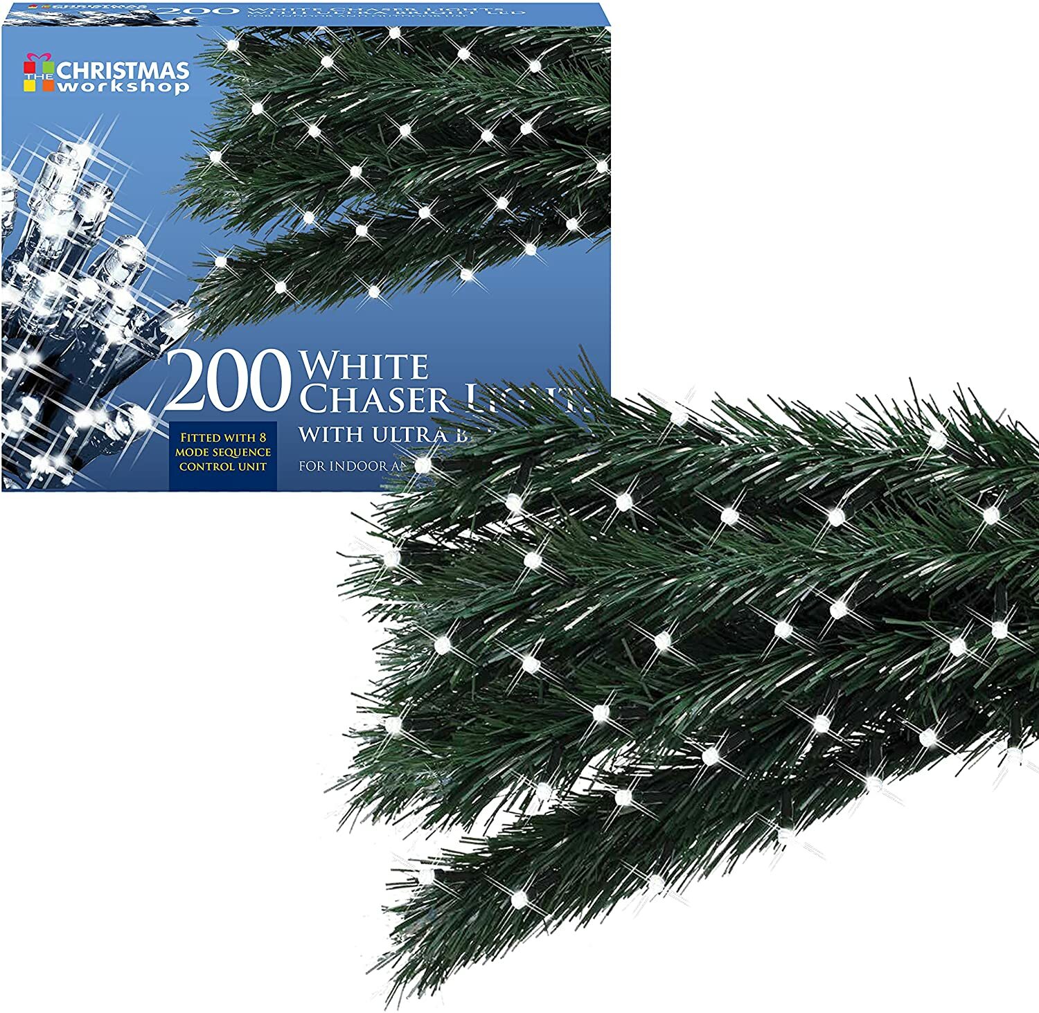 200 LED Chaser Christmas Lights Bright White 77470 Indoor & Outdoor