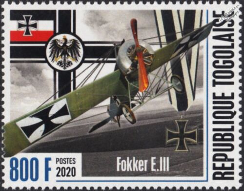 WWI Deutsches Reich FOKKER E.III Eindecker Jagdflugzeug Briefmarke (2020 Togo)