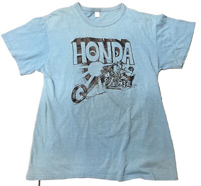 Tシャツ・カットソー HONDA MOTORCYCLE Vintage Cutoff Tshirt PG Blue Charcoal Vintage 60s 70s Honda Motorcycle Shirt Light Blue USA Made