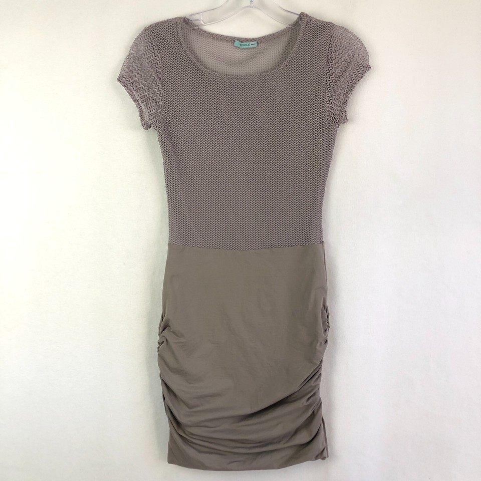 Kookai Womens SIZE 1 Short Sleeve Stretch Mesh Bodycon Ruched Dress Grey Party