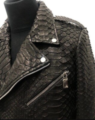 Men's Biker Snakeskin Embossed Jacket Dragon Python Black Leather Moto Jacket