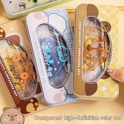 7Pcs Cartoon Cute Student Rulers Protractor Compass Math Geometry Set Stationery