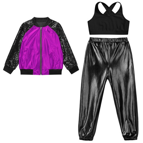 Kids Girls 3Pcs Set Metallic Dancewear Party Wear Dance Outfits Performance - Picture 30 of 63