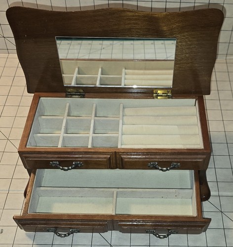 Vintage Wooden Jewelry Box with Mirror and Velvet-Lined Compartments - 2 Drawer - Picture 10 of 15