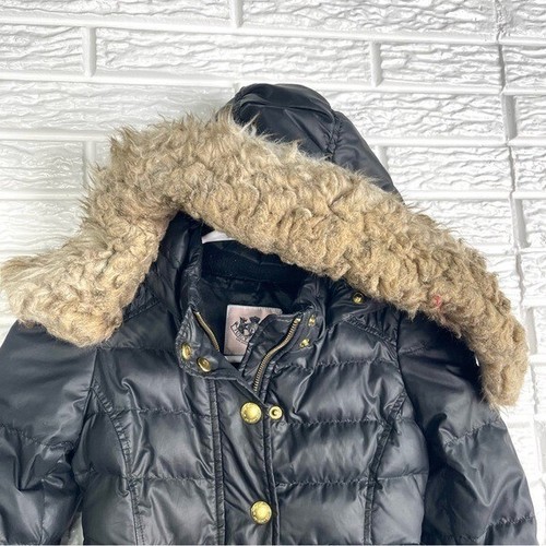 Juicy Couture Girls Black Peplum Puffer Jacket Removable Hood Faux Fur Sz 4/5 - Picture 2 of 8