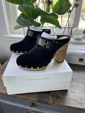 Veronica Beard Dacey Buckle Genuine Suede Slip On Clogs Black Size 7M NWB