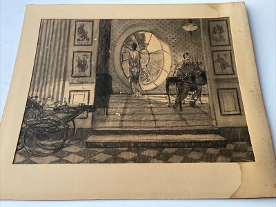 ANTIQUE DRAWING ILLUSTRATION SET DESIGN INTERIOR PORTRAIT SOCIAL STERLING
