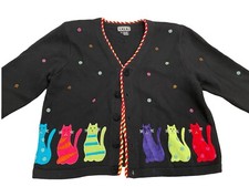 Vintage Berek Christmas/Holiday Cat Cardigan Sweater Black with Beaded Appliqu