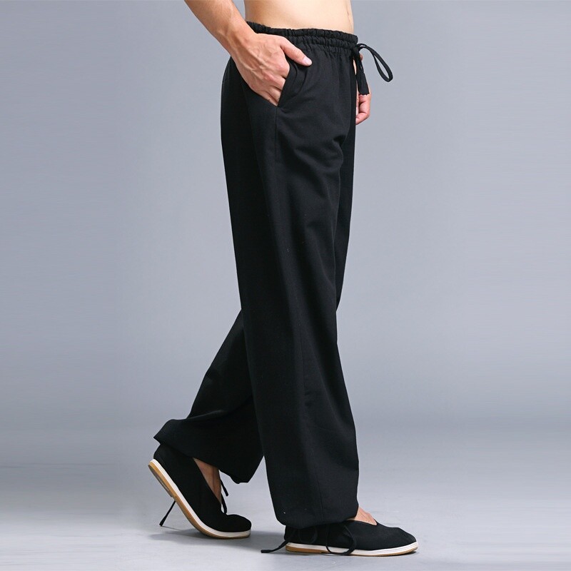 Men Cotton Linen Loose Pants Straight Wide Leg Trousers Yoga