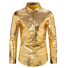 New Mens Sequined Disco Shirt Long Sleeve Shirt Costume Club Party Blouse Tops