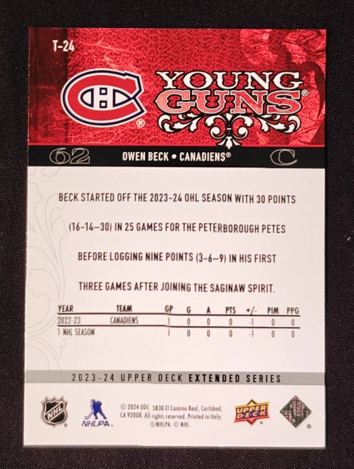 Owen Beck 2023-24 Upper Deck Extended Series Young Gun Retro RC #T-24 - Image 2 of 3