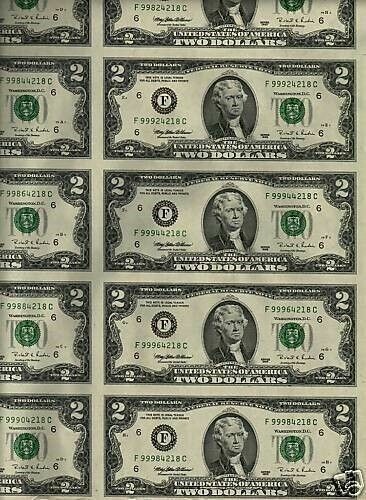 USA Uncut United States 2 DOLLARS P-497 1995 JEFFERSON COMPLETE SHEET of 32 NOTE - Picture 1 of 3