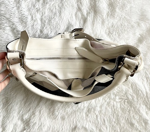 Auth Burberry Bag Grey White Mega Check Canvas Nova Check Leather Buckle Hobo - Picture 7 of 11