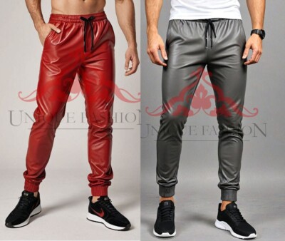 Pcs Men Soft Genuine Leather Red Gray TrackSuit Trouser Joging