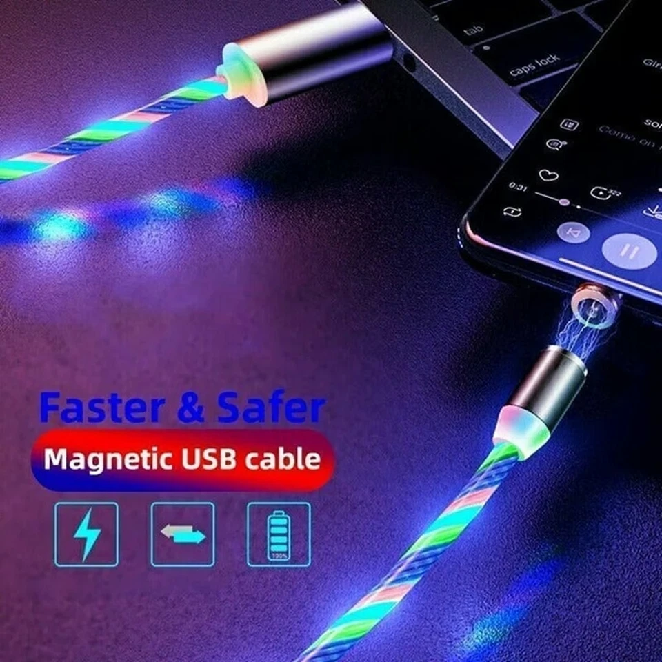 Cable de Carga Universal LED~Flujo con 3 Puntas Magnéticas⚡USB-C⚡Iluminación⚡Micro-USB Foto 3 de 4