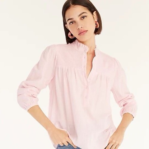 J Crew Garden Top Women S Pastel Pink Smocked Mock Neck Gauze Black Label Preppy - Picture 2 of 10