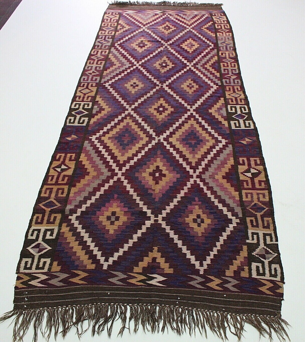 Grand Tapis Kelim Afghan Fait Main - Marron/violet - 410x150 Cm - Laine 100%