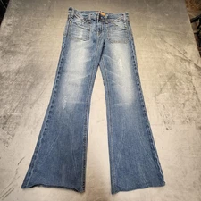 Vigoss Jeans Womens 9 Blue Flare Leg Distressed Denim Low Rise Stretch Y2K Style
