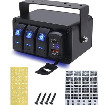 12V 24V  3 Gang Kippschalter Panel mit Voltmetar USB Ladeanschluss