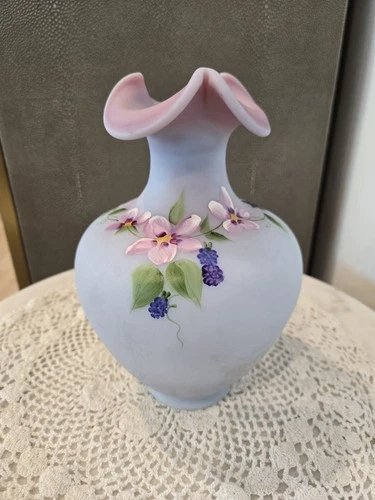 Rare Fenton Blue Burmese Hand Painted Flower Glass Vase