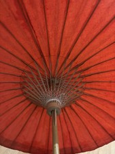 Vintage Red Cloth Parasol Waxed Wood Handle