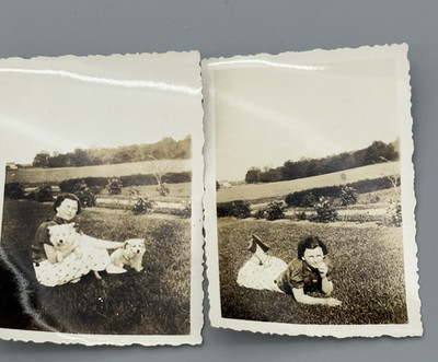 Vintage photo Woman E Dog Laying Grass Outdoors Early-mid 20th C. B/W 2 Pics