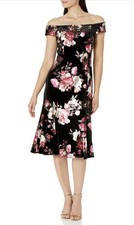 Adrianna Papell Sz 4 Black Multi Floral Velvet Off Shoulder Cocktail Midi Dress