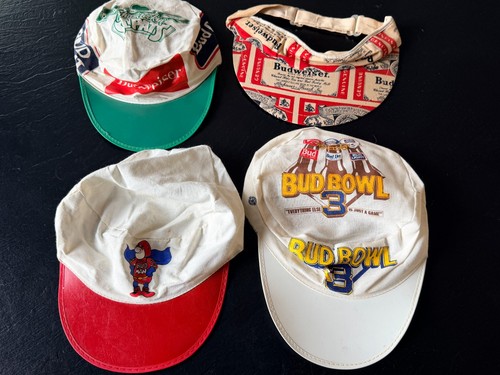 Set of 4 Vintage Budweiser Hats Bud Bowl 3, Bud Man Painter Cap, Budweiser Visor