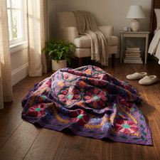 Uzbek Suzani Style Embroidered Throw Blanket Purple Floral Textile Art