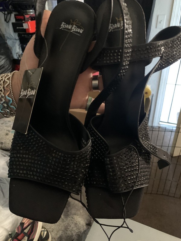 Bisou Bisou Black Size 7.5 Open Toe Heels Platforms Bling Stones & Ankle Closure