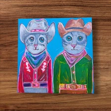 Meowdy Cowboy Cats 12 X 12 Original Folk Quirky Pop Art Acrylic Painting Signed 