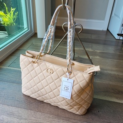 Grace Elizabeth Beige Quilted Pebble Grain Tote Bag Gold Hardware New