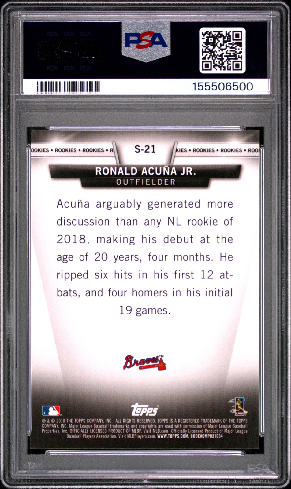 2018 Topps Update Salute #S-21 Ronald Acuna Jr. Salute PSA 8 view 2