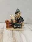 Rare Vintage 1940s Shawnee Pottery Farm Boy w/Chicken & Egg Basket Gold Accent