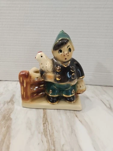 Rare Vintage 1940s Shawnee Pottery Farm Boy w/Chicken & Egg Basket Gold Accent