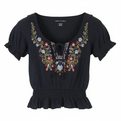 American Eagle Outfitters Damen T-Shirt S DUNKEL Blau Bestickt Kurzärmelig