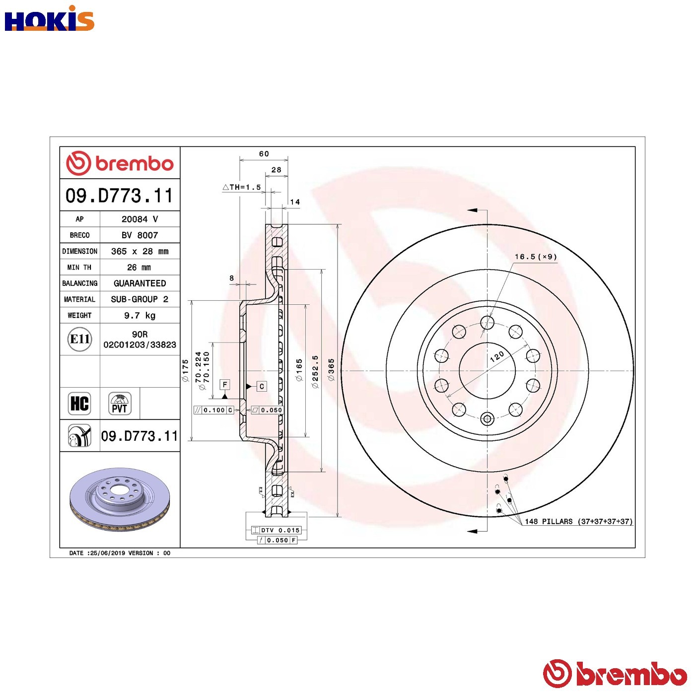2x Brake Discs Pair Vented 365mm 09.D773.11 Brembo Prime 102763200B - Image 10