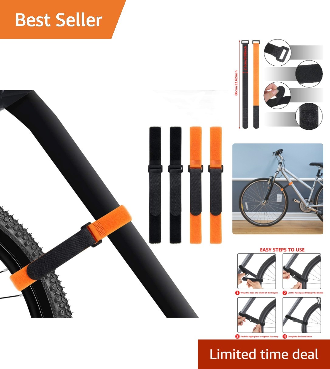4-Pack Adjustable Bike Wheel Straps - Black and Orange, Lightweight & Sturdy