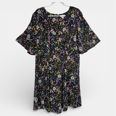 Old Navy Floral V-Neck Fit and Flare Dress Black Wildflower Rayon 2X Plus