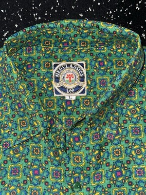 Vintage Lee Neoclassics Button Up Green Multi Color Geometric Pattern Mens LARGE