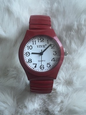 Vive Armband Uhr Edelstahl Flexband Quartz Stretch Rot Neu Top